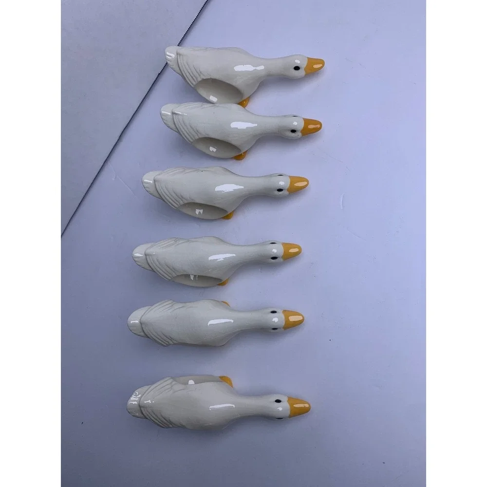 Vintage 80s Ceramic Goose Napkin Rings Set/6 White Farmhouse Country Cottagecore